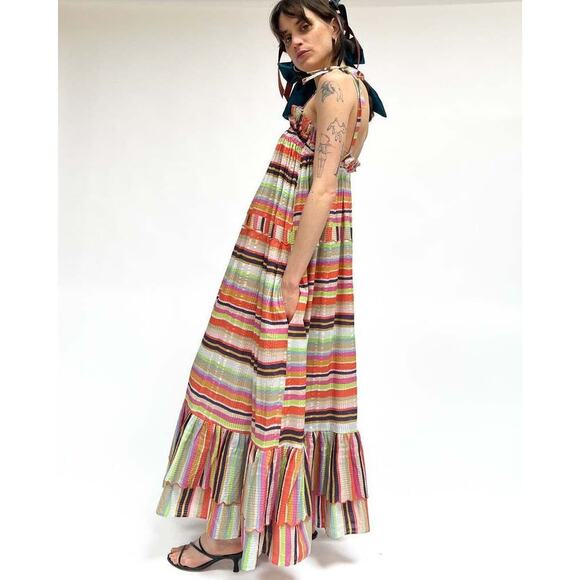 Rue de la Lune Sabi Dress Size ML Pink Multi Ruffle Cotton Stripe Maxi Colorful - Picture 4 of 14